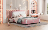 English Elm Full Size Upholstered Rabbit-Shape Princess Bed ,Full Size Platform Bed With Headboard and Footboard,White+Pink