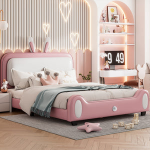 English Elm Full Size Upholstered Rabbit-Shape Princess Bed ,Full Size Platform Bed With Headboard and Footboard,White+Pink