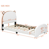 English Elm Twin Size Upholstered Platform Bed With Bear-Shaped Headboard and Footboard,White+Brown