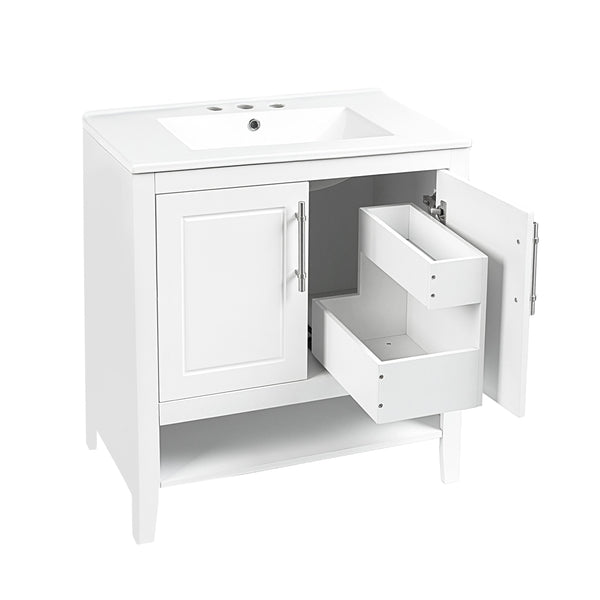 English Elm 30" Modern Bathroom Vanity with Ceramic Sink, Solid Wood & MDF, 2 Doors 2 Drawers Open Shelf (97) WF308203AAK