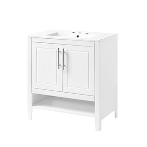English Elm 30" Modern Bathroom Vanity with Ceramic Sink, Solid Wood & MDF, 2 Doors 2 Drawers Open Shelf (97) WF308203AAK