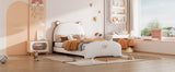 English Elm Twin Size Upholstered Platform Bed With Bear-Shaped Headboard and Footboard,White+Brown