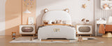 English Elm Twin Size Upholstered Platform Bed With Bear-Shaped Headboard and Footboard,White+Brown