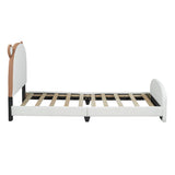 English Elm Twin Size Upholstered Platform Bed With Bear-Shaped Headboard and Footboard,White+Brown