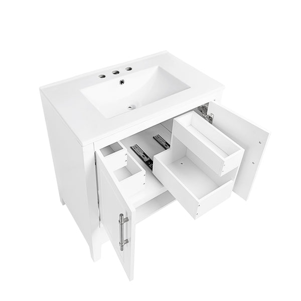 English Elm 30" Modern Bathroom Vanity with Ceramic Sink, Solid Wood & MDF, 2 Doors 2 Drawers Open Shelf (97) WF308203AAK