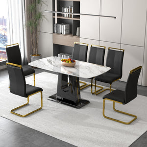 English Elm 1 Table and 6 Chairs. Modern, Simple and Luxurious White Imitation Marble Rectangular Dining Table and Desk With 6 Black Pu Gold Plated Leg Chairs 63'' X 35.4'' X 30''