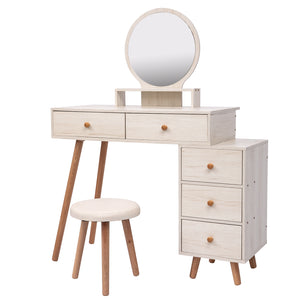 English Elm CRAZY ELF Makeup Vanity Table with Cushioned Stool, 5-Drawer Large Storage, Adjustable Length Mirror W93642092