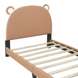 English Elm Twin Size Upholstered Platform Bed With Bear-Shaped Headboard and Footboard,Brown+White