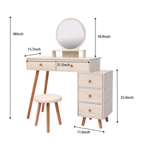 English Elm CRAZY ELF Makeup Vanity Table with Cushioned Stool, 5-Drawer Large Storage, Adjustable Length Mirror W93642092