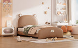 English Elm Twin Size Upholstered Platform Bed With Bear-Shaped Headboard and Footboard,Brown+White