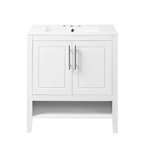 English Elm 30" Modern Bathroom Vanity with Ceramic Sink, Solid Wood & MDF, 2 Doors 2 Drawers Open Shelf (97) WF308203AAK