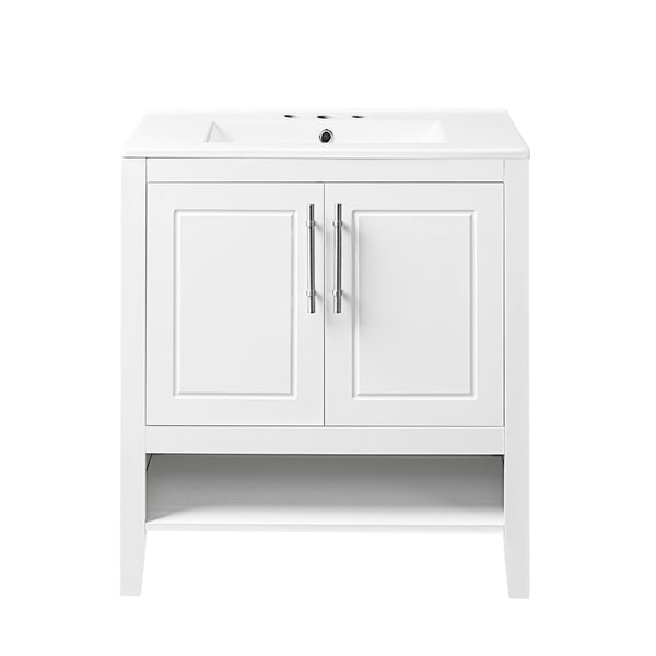 English Elm 30" Modern Bathroom Vanity with Ceramic Sink, Solid Wood & MDF, 2 Doors 2 Drawers Open Shelf (97) WF308203AAK
