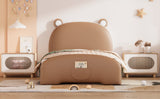 English Elm Twin Size Upholstered Platform Bed With Bear-Shaped Headboard and Footboard,Brown+White