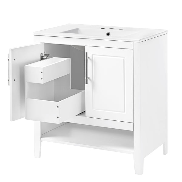 English Elm 30" Modern Bathroom Vanity with Ceramic Sink, Solid Wood & MDF, 2 Doors 2 Drawers Open Shelf (97) WF308203AAK