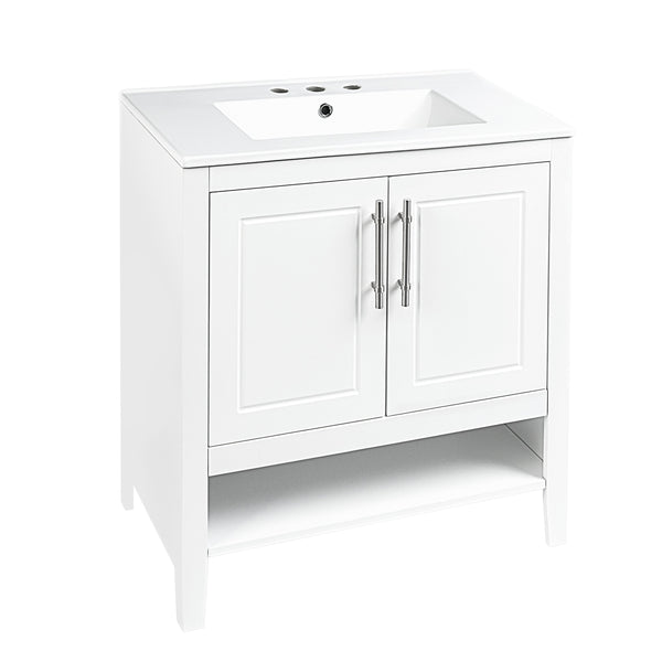 English Elm 30" Modern Bathroom Vanity with Ceramic Sink, Solid Wood & MDF, 2 Doors 2 Drawers Open Shelf (97) WF308203AAK