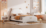 English Elm Twin Size Upholstered Platform Bed With Bear-Shaped Headboard and Footboard,White+Brown