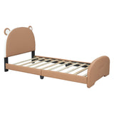 English Elm Twin Size Upholstered Platform Bed With Bear-Shaped Headboard and Footboard,Brown+White