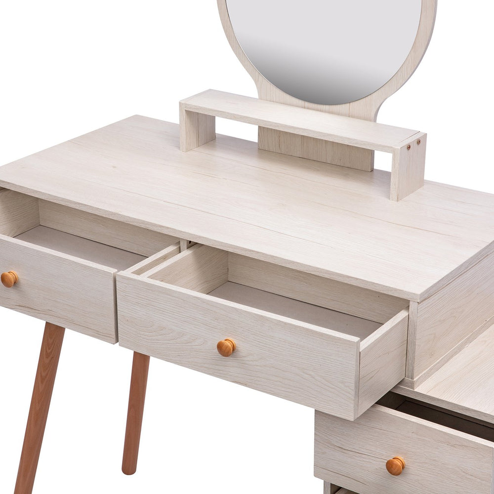 English Elm CRAZY ELF Makeup Vanity Table with Cushioned Stool, 5-Drawer Large Storage, Adjustable Length Mirror W93642092