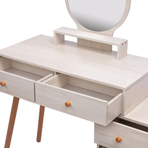 English Elm CRAZY ELF Makeup Vanity Table with Cushioned Stool, 5-Drawer Large Storage, Adjustable Length Mirror W93642092