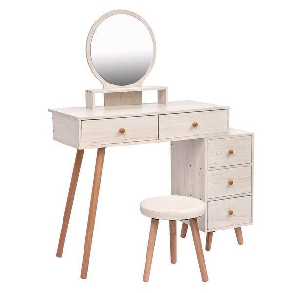 English Elm CRAZY ELF Makeup Vanity Table with Cushioned Stool, 5-Drawer Large Storage, Adjustable Length Mirror W93642092