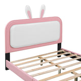 English Elm Full Size Upholstered Rabbit-Shape Princess Bed ,Full Size Platform Bed With Headboard and Footboard,White+Pink