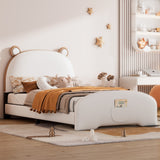 English Elm Twin Size Upholstered Platform Bed With Bear-Shaped Headboard and Footboard,White+Brown