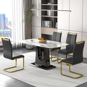 English Elm 1 Table and 4 Chairs. Modern, Simple and Luxurious White Imitation Marble Rectangular Dining Table and Desk With 4 Black Pu Gold Plated Leg Chairs 63'' X 35.4'' X 30''