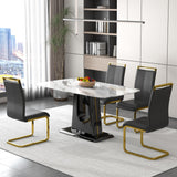 English Elm 1 Table and 4 Chairs. Modern, Simple and Luxurious White Imitation Marble Rectangular Dining Table and Desk With 4 Black Pu Gold Plated Leg Chairs 63'' X 35.4'' X 30''