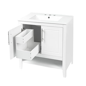 English Elm 30" Modern Bathroom Vanity with Ceramic Sink, Solid Wood & MDF, 2 Doors 2 Drawers Open Shelf (97) WF308203AAK