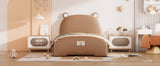 English Elm Twin Size Upholstered Platform Bed With Bear-Shaped Headboard and Footboard,Brown+White