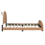 English Elm Twin Size Upholstered Platform Bed With Bear-Shaped Headboard and Footboard,Brown+White