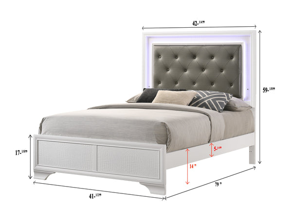 English Elm Modern Crocodile Skin Finish Upholstered Queen LED Panel Bed with Diamond Tufting and Glam Backlight White 52.5 L x 40.7 W x 6.5 H B011S00452