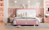 English Elm Full Size Upholstered Rabbit-Shape Princess Bed ,Full Size Platform Bed With Headboard and Footboard,White+Pink