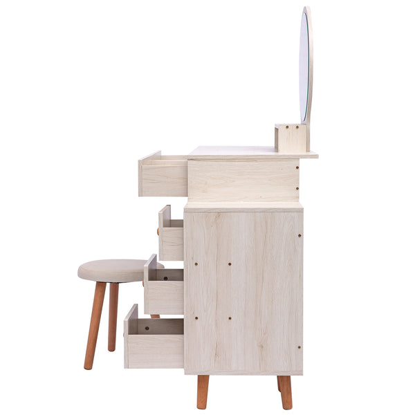 English Elm CRAZY ELF Makeup Vanity Table with Cushioned Stool, 5-Drawer Large Storage, Adjustable Length Mirror W93642092