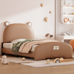 English Elm Twin Size Upholstered Platform Bed With Bear-Shaped Headboard and Footboard,Brown+White