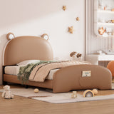 Twin Upholstered Platform Bed, Bear-Shaped Design, Brown and White