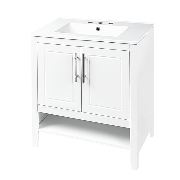 English Elm 30" Modern Bathroom Vanity with Ceramic Sink, Solid Wood & MDF, 2 Doors 2 Drawers Open Shelf (97) WF308203AAK