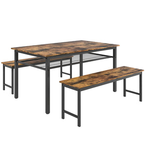 English Elm 3 Piece Farmhouse Dining Set with Two Benches, Espresso MDF & Metal Frame, Sturdy Rustic Style W57868889