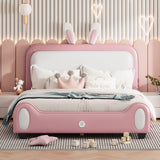 Full Size Upholstered Rabbit-Shape Princess Bed , Full Size Platform Bed with Headboard and Footboard, White+Pink