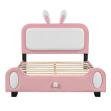 English Elm Full Size Upholstered Rabbit-Shape Princess Bed ,Full Size Platform Bed With Headboard and Footboard,White+Pink