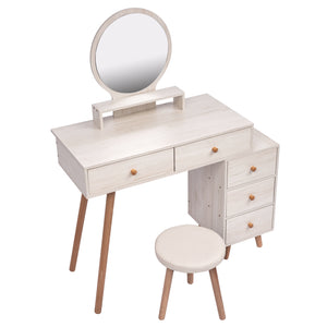 English Elm CRAZY ELF Makeup Vanity Table with Cushioned Stool, 5-Drawer Large Storage, Adjustable Length Mirror W93642092