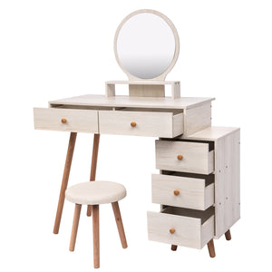 English Elm CRAZY ELF Makeup Vanity Table with Cushioned Stool, 5-Drawer Large Storage, Adjustable Length Mirror W93642092