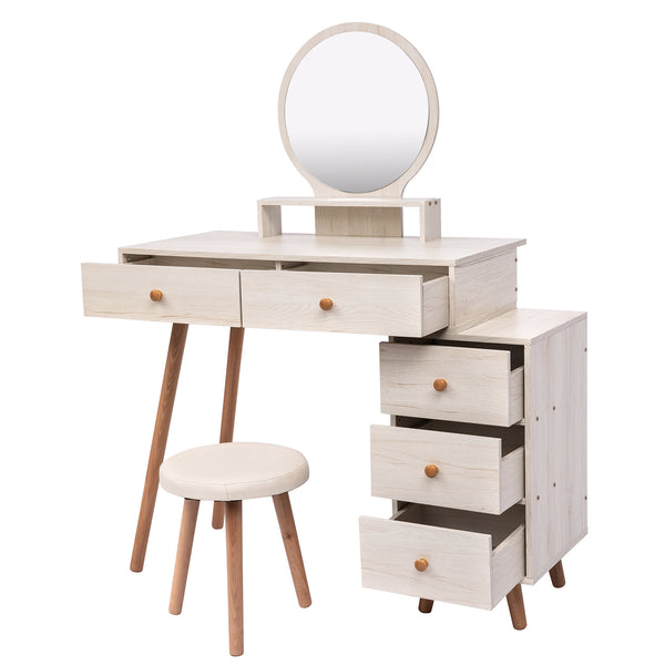 English Elm CRAZY ELF Makeup Vanity Table with Cushioned Stool, 5-Drawer Large Storage, Adjustable Length Mirror W93642092