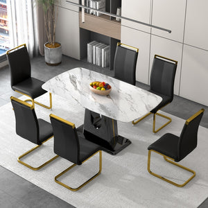 Hearth and Haven 1 Table and 6 Chairs. Modern, Simple and Luxurious White Imitation Marble Rectangular Dining Table and Desk with 6 Black Leatherette Gold Plated Leg Chairs 63'' X 35.4'' X 30'' W1151S00448