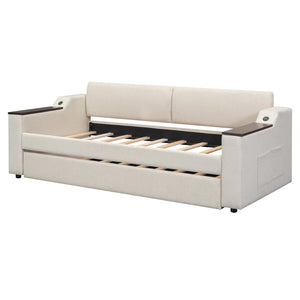 Hearth and Haven Twin Upholstery Daybed with Storage Arms, Trundle and USB Port, Beige
