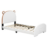 English Elm Twin Size Upholstered Platform Bed With Bear-Shaped Headboard and Footboard,White+Brown