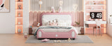 English Elm Full Size Upholstered Rabbit-Shape Princess Bed ,Full Size Platform Bed With Headboard and Footboard,White+Pink