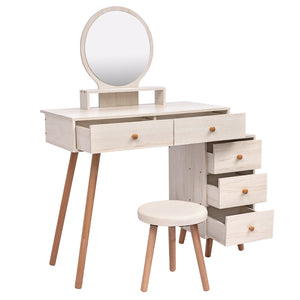 English Elm CRAZY ELF Makeup Vanity Table with Cushioned Stool, 5-Drawer Large Storage, Adjustable Length Mirror W93642092