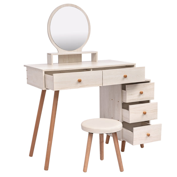 English Elm CRAZY ELF Makeup Vanity Table with Cushioned Stool, 5-Drawer Large Storage, Adjustable Length Mirror W93642092