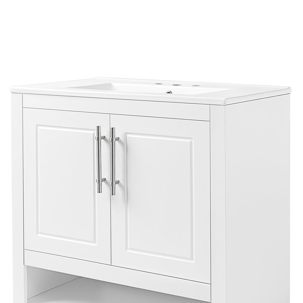 English Elm 30" Modern Bathroom Vanity with Ceramic Sink, Solid Wood & MDF, 2 Doors 2 Drawers Open Shelf (97) WF308203AAK